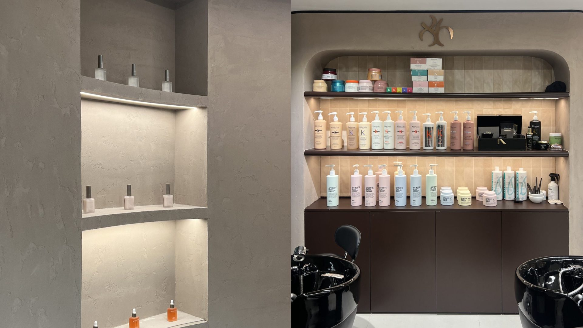 This stylish and chic beauty salon has just recently opened its doors inside Souk Al Bahar. Our team created some beautiful curved walls and custom display shelving throughout. Lighting is soft and complementary to the neutral tones of the walls and floors. Take your time going through these photos.