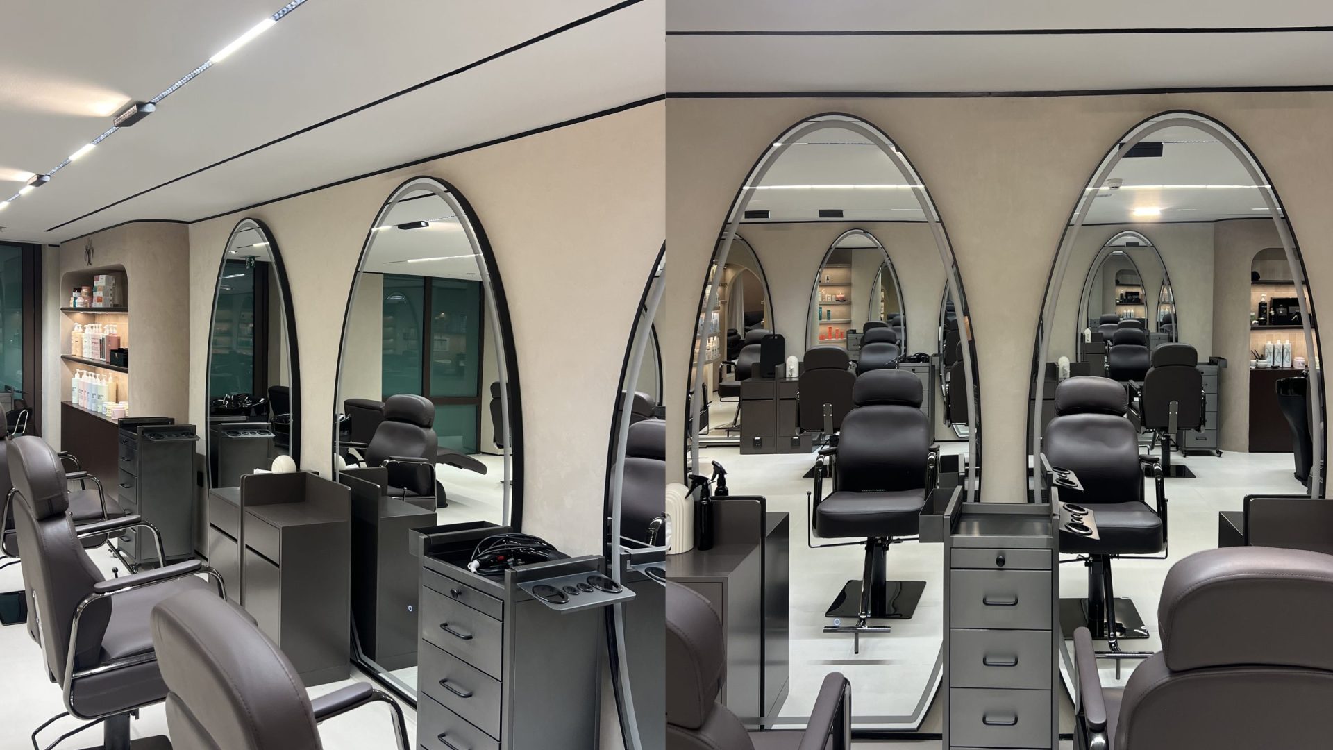 This stylish and chic beauty salon has just recently opened its doors inside Souk Al Bahar. Our team created some beautiful curved walls and custom display shelving throughout. Lighting is soft and complementary to the neutral tones of the walls and floors. Take your time going through these photos.