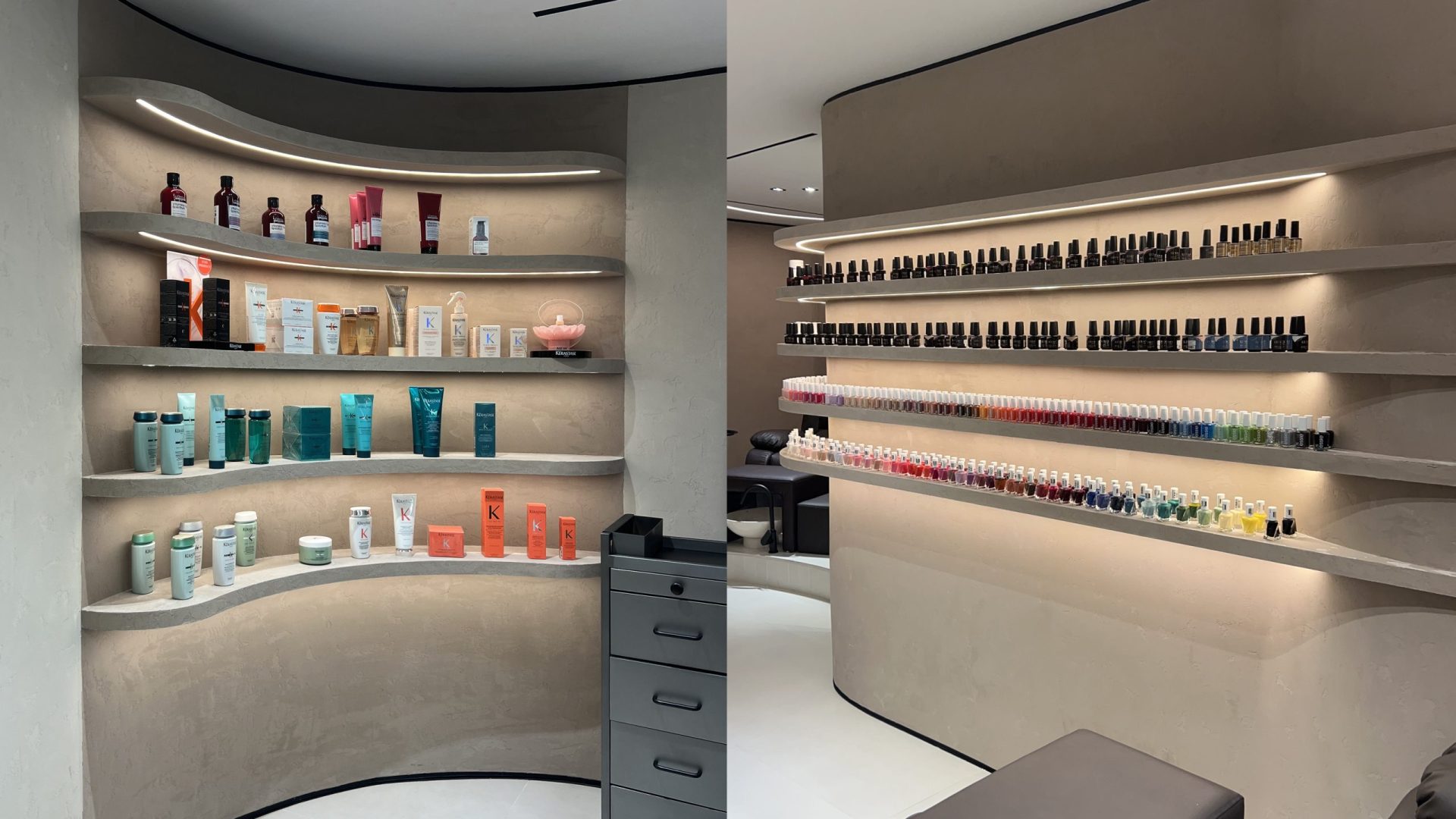This stylish and chic beauty salon has just recently opened its doors inside Souk Al Bahar. Our team created some beautiful curved walls and custom display shelving throughout. Lighting is soft and complementary to the neutral tones of the walls and floors. Take your time going through these photos.