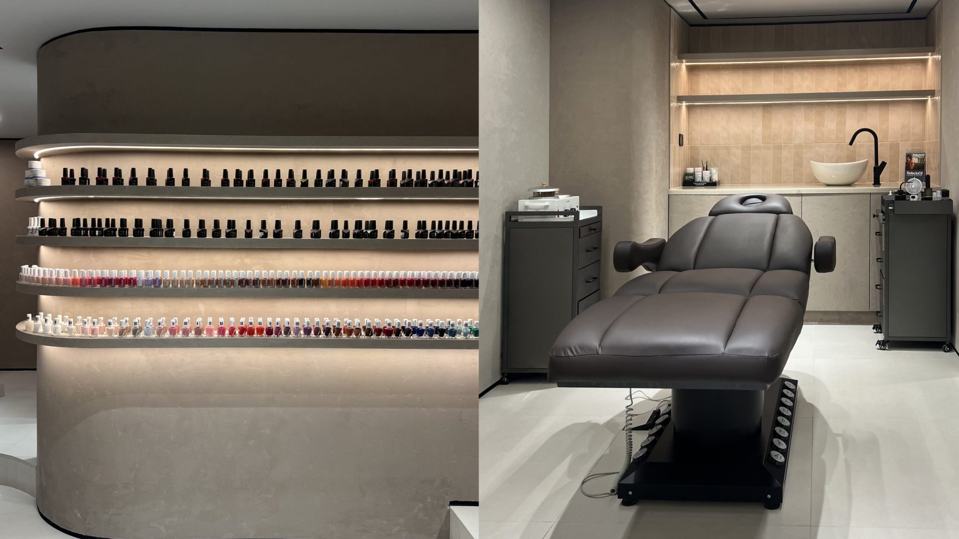 This stylish and chic beauty salon has just recently opened its doors inside Souk Al Bahar. Our team created some beautiful curved walls and custom display shelving throughout. Lighting is soft and complementary to the neutral tones of the walls and floors. Take your time going through these photos.
